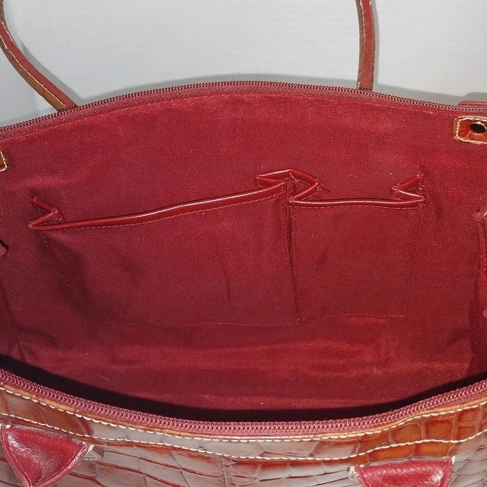Franco Sarto Brown Croc Embossed Leather Satchel Red Interior Gold Hardware Y2K